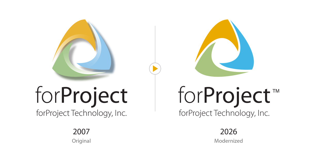 forProject logo, 2007 original with gradients beside the 2026 modernized flat version