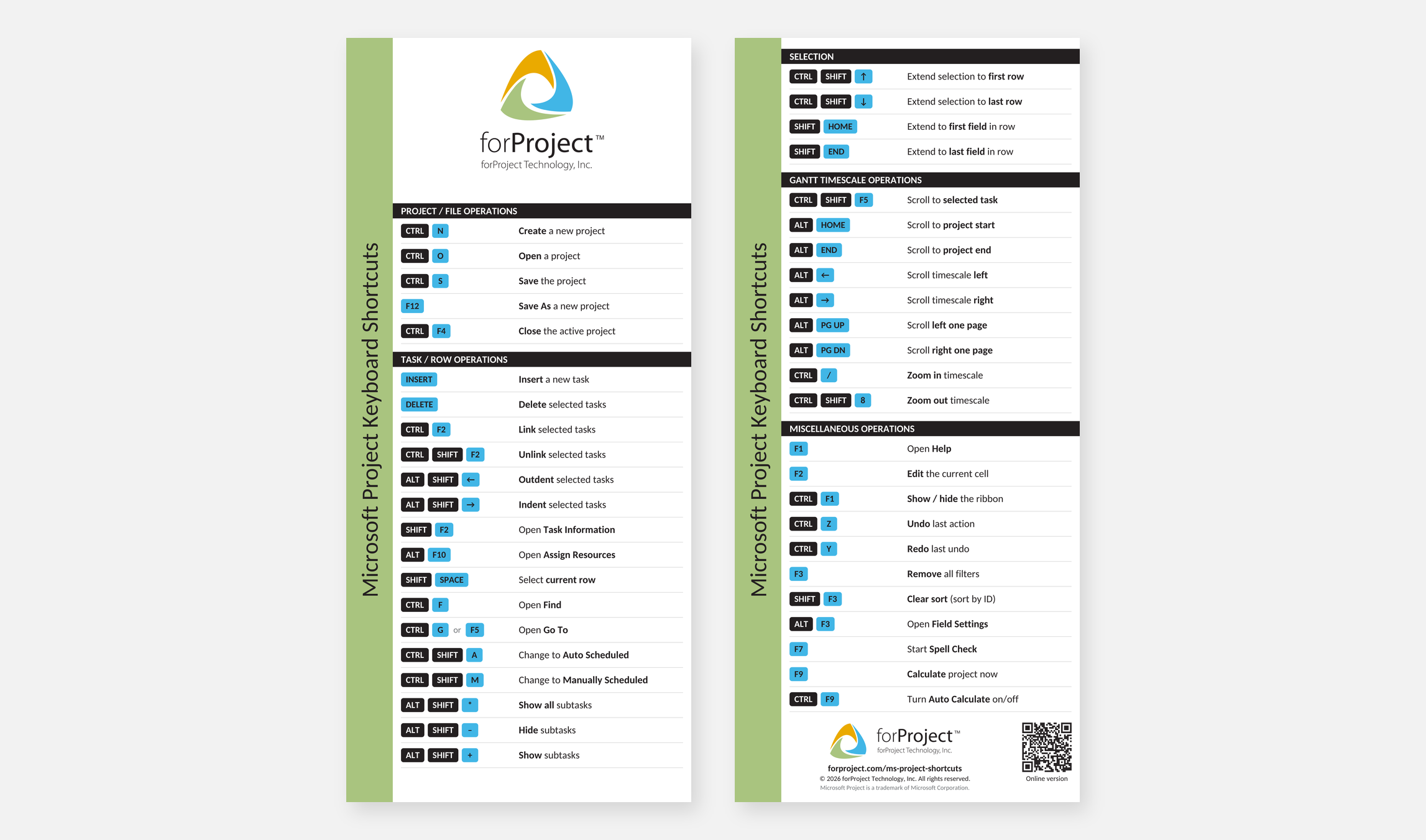 forProject Microsoft Project Keyboard Shortcuts pocket card, front and back