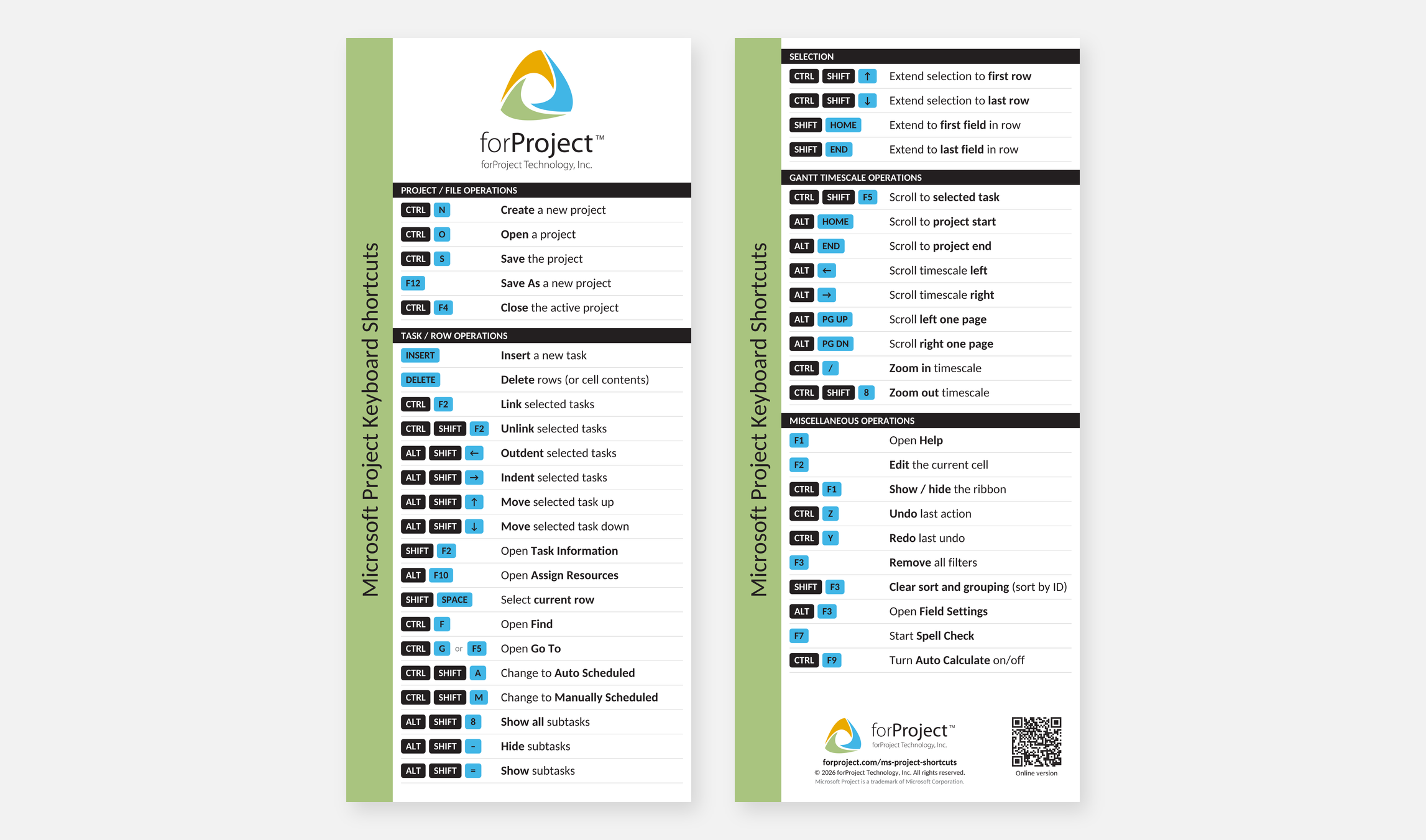 forProject Microsoft Project Keyboard Shortcuts pocket card, front and back