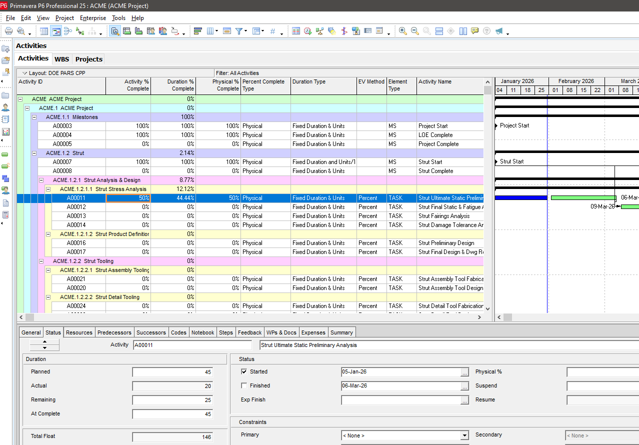 The ACME schedule in Primavera P6, with EV method and element type codes on each activity and physical percent complete in the status tab