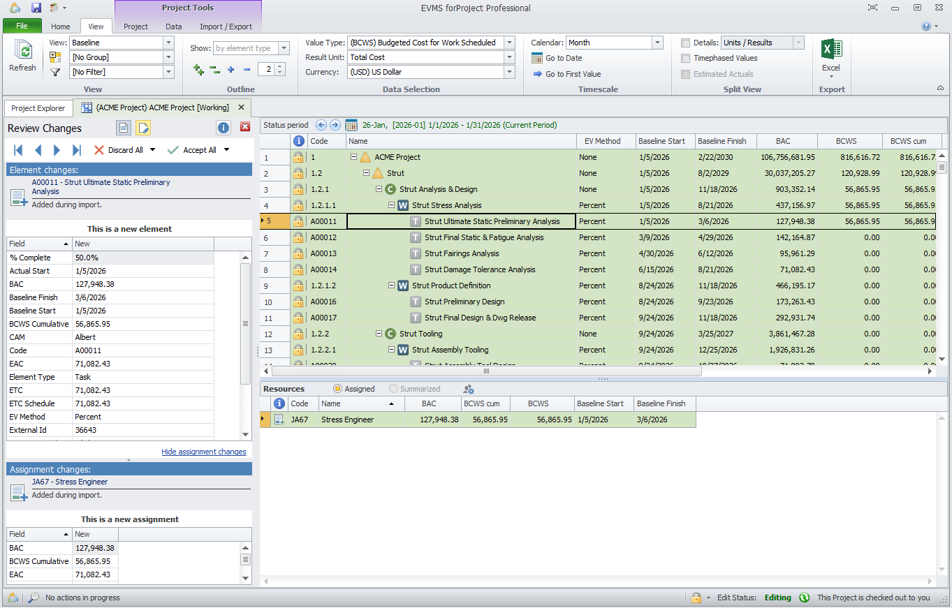 EVMS forProject Review Changes after importing a Primavera P6 project, listing each new element and assignment with its values